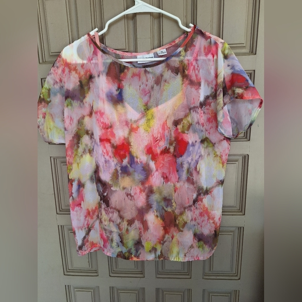 Liz Claiborne Petite Blouse SzPM Pastel Short Sleeves Sheer/Camisole Pretty